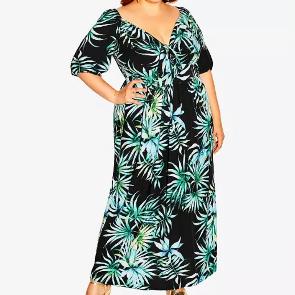 City Chic Green and Black Tropical Leaf Print Dress Plus Size 16 W NWT